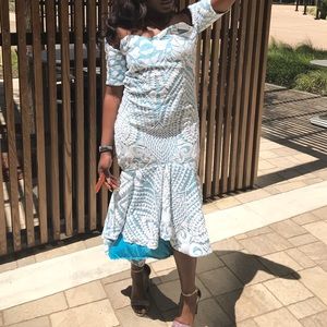 White and blue silk dress